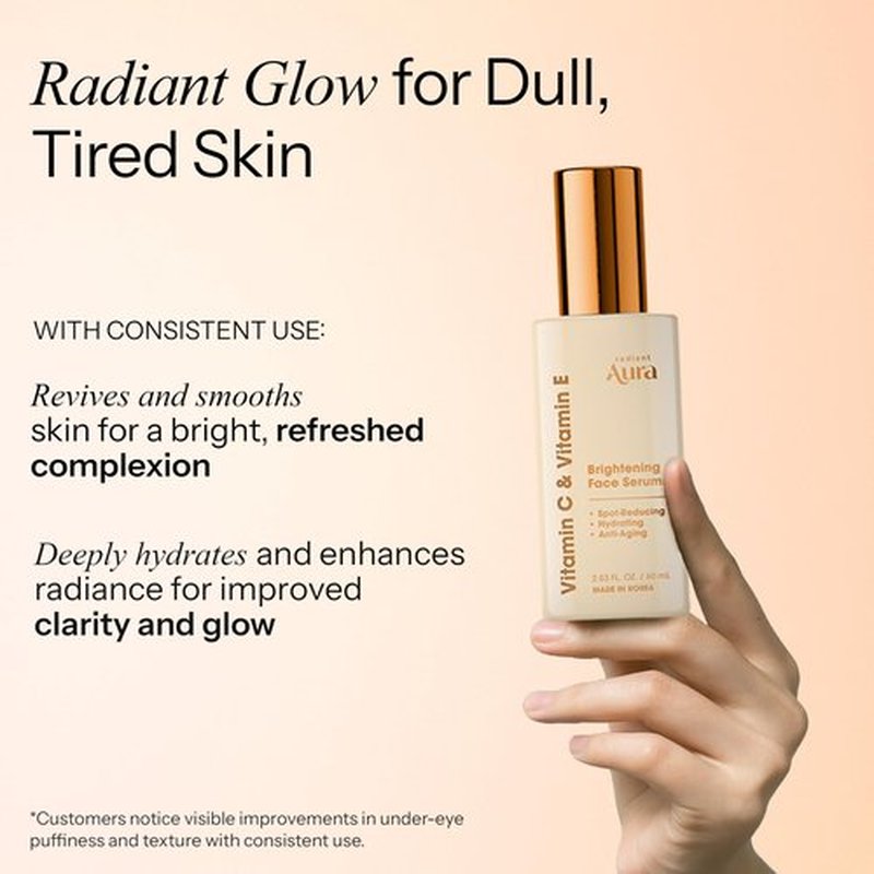Radiant Aura Vitamin E & C Serum For Face – Dermatologist Tested, Anti Aging, Korean Skin Care – Revives Tired Skin, Smooths Fine Lines, Lightweight Hydration – Vegan, Clean Beauty – 2.03 Fl. Oz.