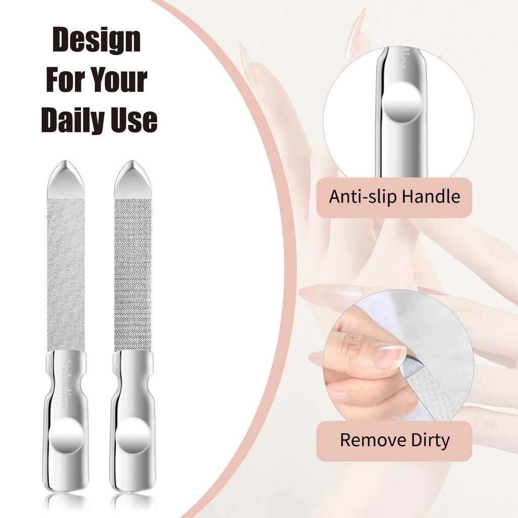 Velodios Heavy Duty Nail File for Men and Women, Reusable Stainless Steel Fingernail Files, Double Sided Stainless Steel Nail File with Leather Case, Great for Home and Salon – 2PCS