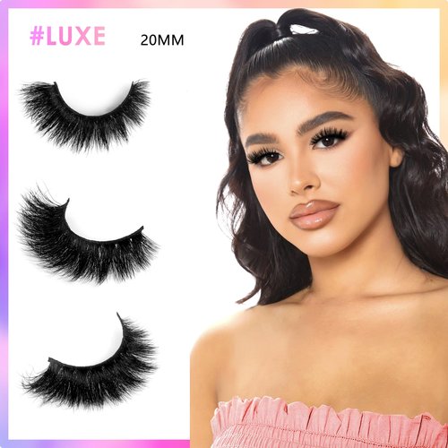 Barbielylashes 20mm Mink Lashes, 3D Real Mink Lashes, 3 Pairs Fluffy Dramatic False Eyelashes, 100% HandMade Mink Lshes, 6D Wispy Long Thick Full Volume Strip Eye Lashes, Cruelty Free (Party Time)