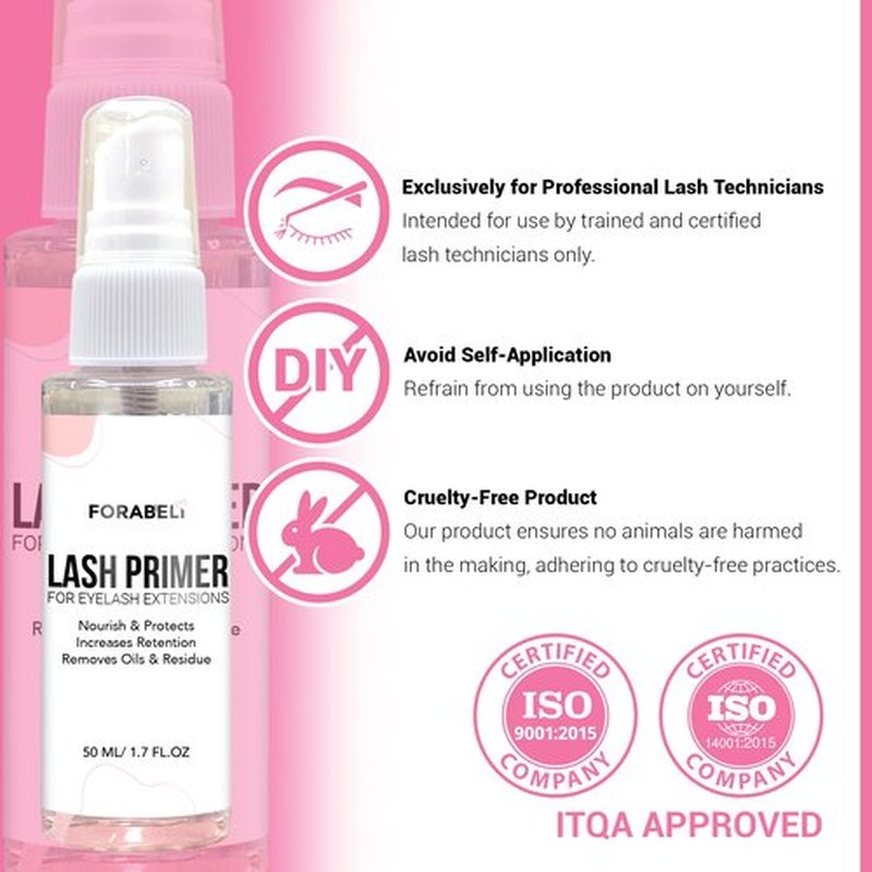 Forabeli Lash Primer Spray for Eyelash Extensions 50ml | Large Value Size Pre-Treatment | Maximum Retention & Adhesion Booster | Protein Remover & Cleanser | Oil Free Formula | 1.69 fl oz