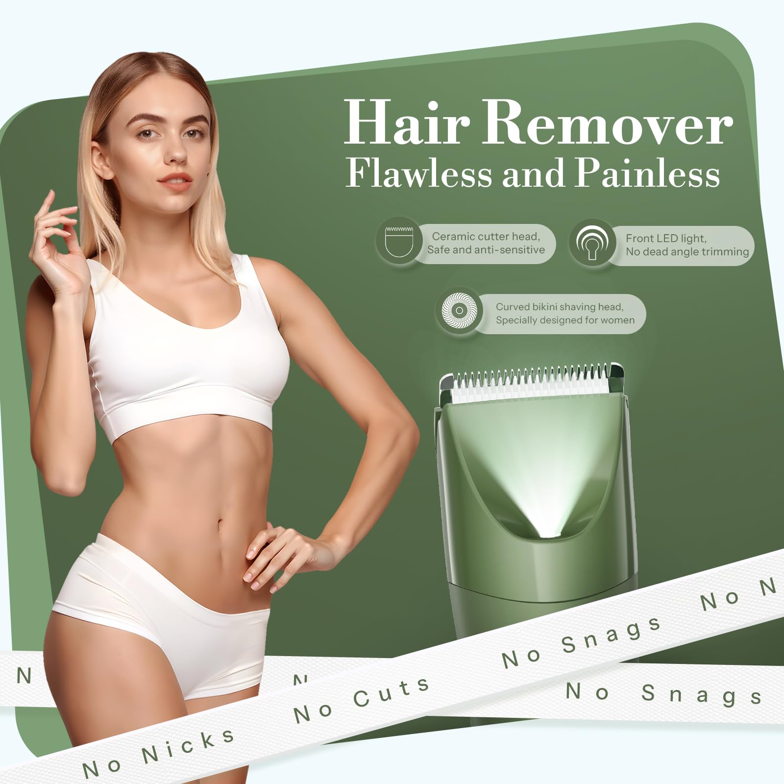 Bikini Trimmer for Women, 2 in 1 Electric Shaver for Women, Pubic Hair Trimmer Waterproof IPX7 with LED, Bikini Razor for Leg Arm Underarm Bikini Area, Pull Bows Gift Box for Friends (Cypress Green)