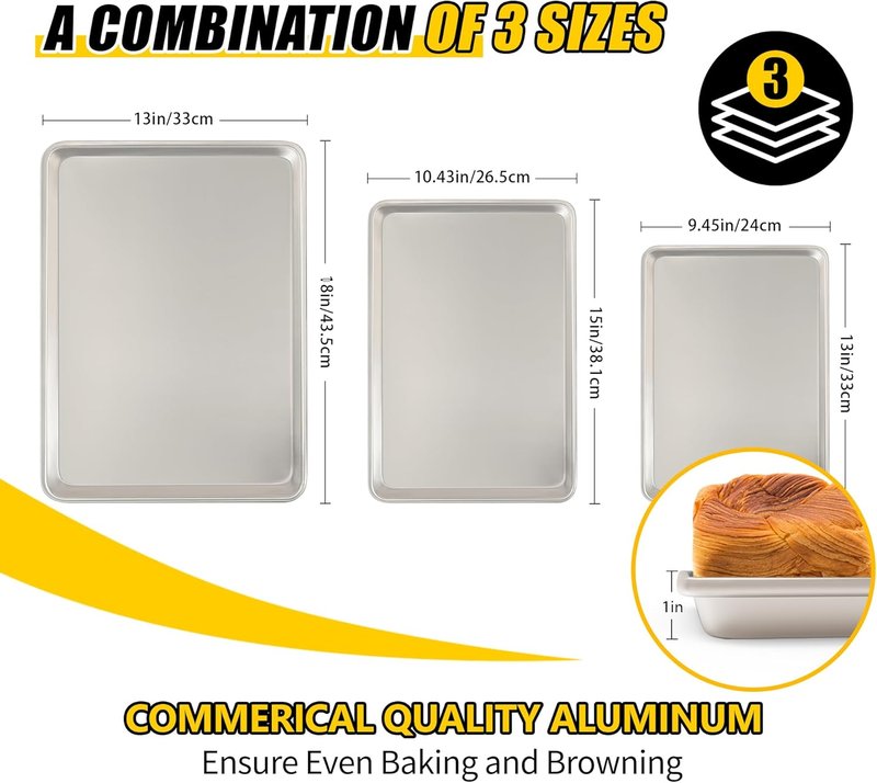 Umite Chef Baking Sheet Pan Set - Commercial Quality Aluminum Cookie Sheets | 3-Piece Half/Quarter/Jelly Roll Pans