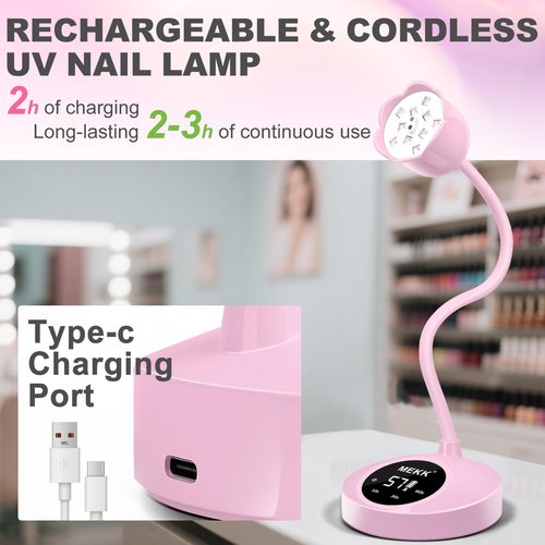 MEKK Gooseneck UV Nail Lamp Cordless Mini UV Light for Gel Nails with Auto Sensor,Professional Flash Cure Lamp 30W Single Nails Light with Four Timers (10s/30s/60s/90s) Salon & Home DIY Use-Pink