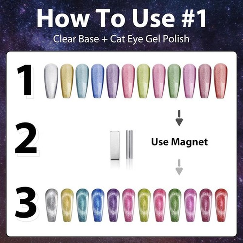 Clara Colors Cat Eye Gel Nail Polish Set - 12 Holographic Shades with 2 Magnet Sticks | DIY Soak Off UV/LED