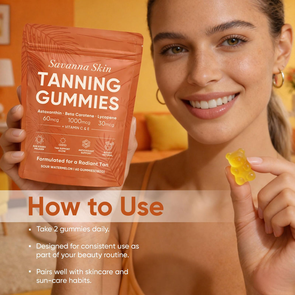 Boaccy Savanna Skin Tanning Gummies, Astaxanthin, Beta Carotene & Lycopene Blend with Vitamins C & E, Radiant Healthy Skin, Sour Watermelon Flavor, Vegan & Sugar-Free, 60 Count