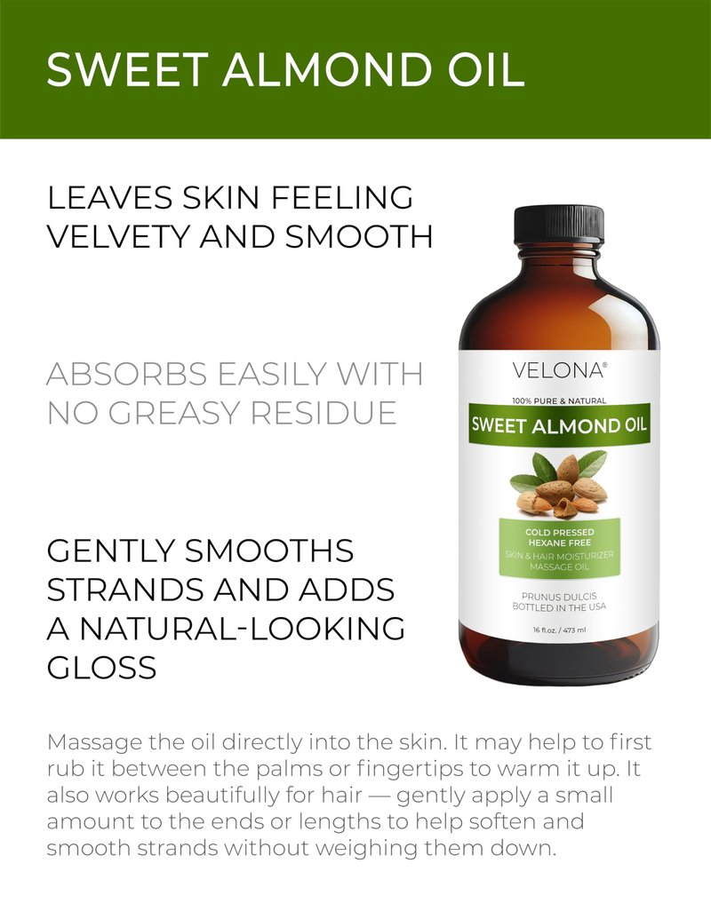 velona Sweet Almond Oil - 16 Fl Oz in Glass Bottle | 100% Pure and Natural Carrier Oil |Cold Pressed | Skin, Hair, Body & Face Moisturizing | Use Today - Enjoy Results…