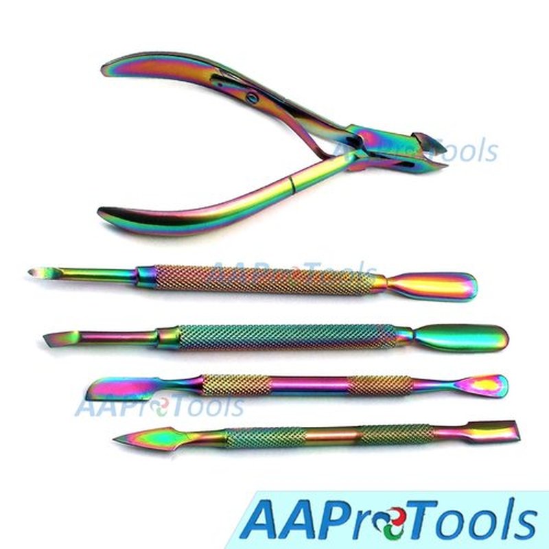 AAProTools Cuticle Pusher Remover with Nipper Rainbow Stainless Steel Manicure Nail Art Tool Set