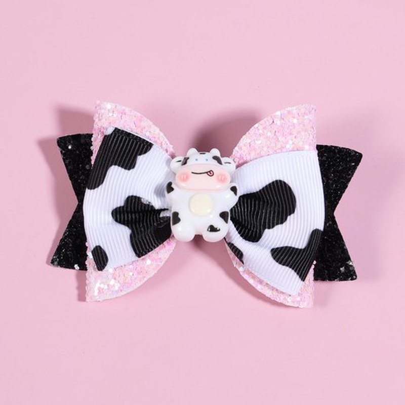 2pcs Glitter Pink Cow Print Hair Bow Clips for Toddler Teen Baby Girls Country Birthday Party Gift Cute Cow Ribbon Alligator Barrettes Outfit Dress Costume Decor Accessory 3 inch