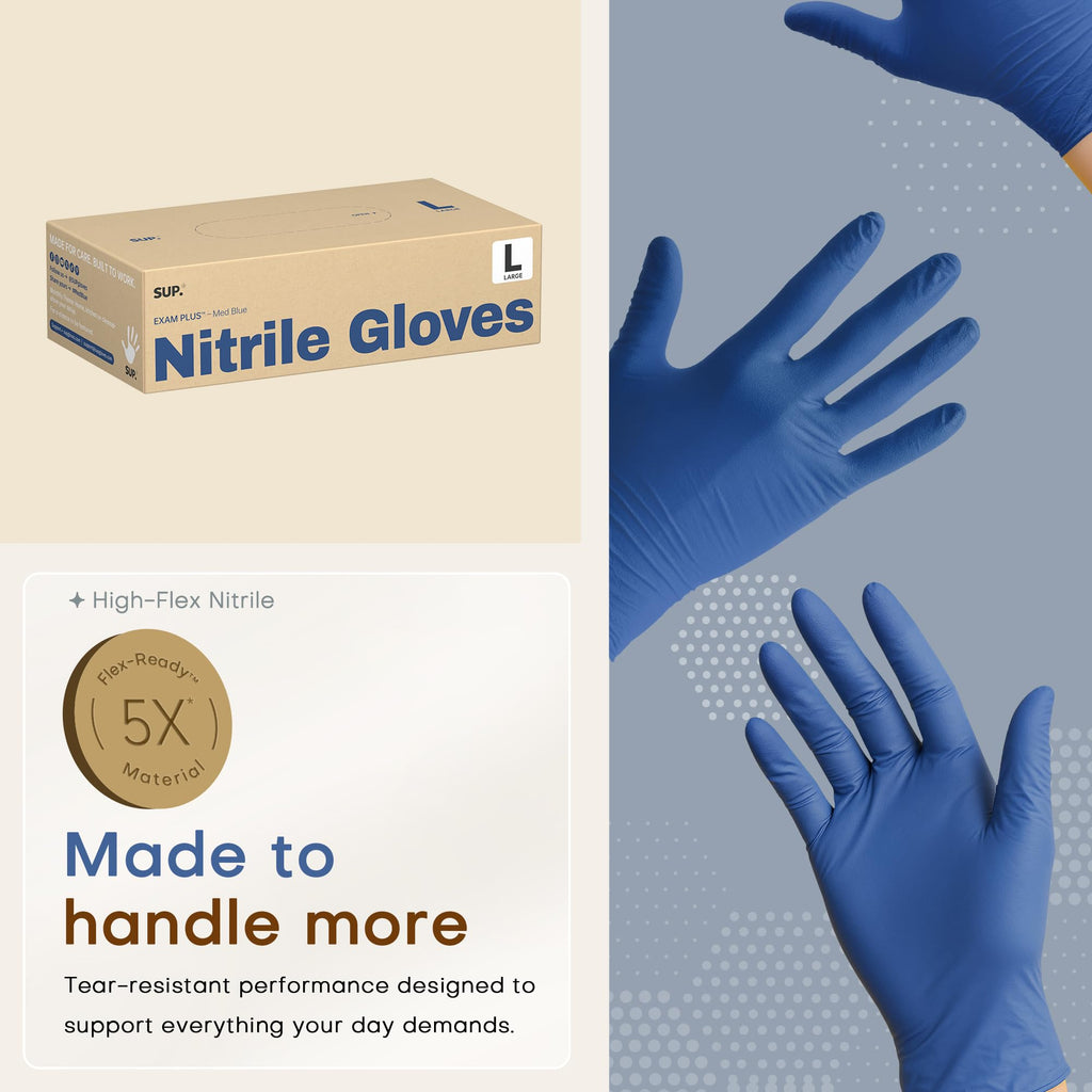 SUP Powder-Free Nitrile Exam Gloves, 100 Count, Food Safe Latex-Free Medical Non-Sterile Cooking Disposable Glove, Blue (Large)
