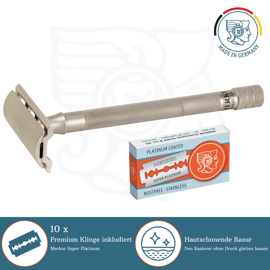 MERKUR 24 INOX Stainless Steel Safety Razor For Women with 10 Double Edge Blades | Extra Long Handle | Three-piece Razor | Straight Cut | Satin Matt Finish | Made in Germany