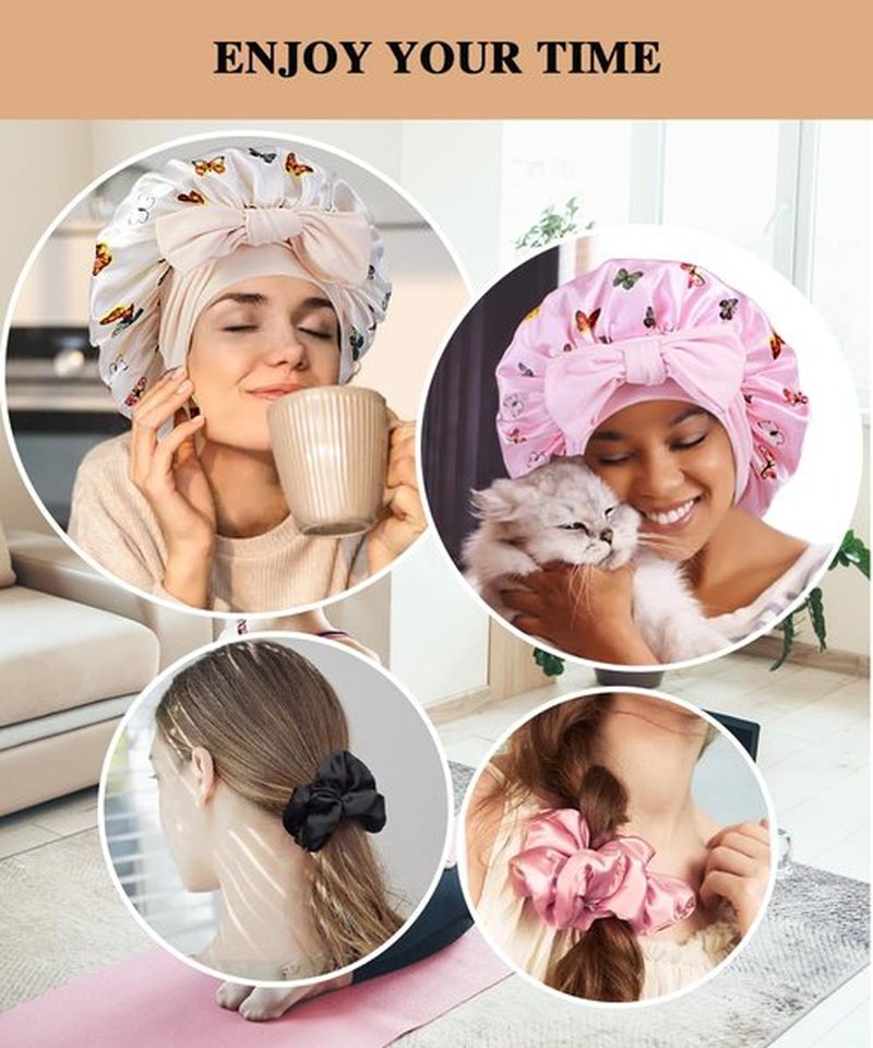 2+3 Large Satin Bonnets with Scrunchies for Women, Hair Bonnet Sleeping Tie Bonnet for Braids Curly Hair, H