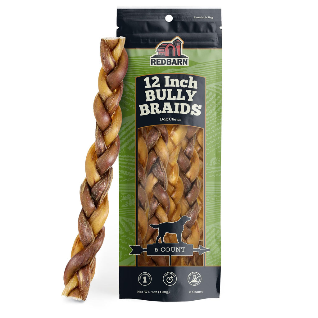 Redbarn Pet Products All-Natural 12" Braided Bully Sticks for Dogs - Premium Slow Roasted Long Lasting Chew Treats Made with 100% Beef - Single Ingredient Low Odor - 5 Count - Packaging May Vary