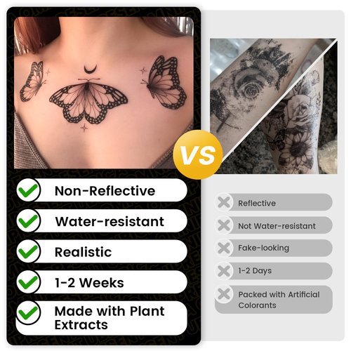 UBICA Semi Permanent Tattoo for Women, 2 Sheets Realistic Temporary Tattoos, Lasts 2 Weeks Fake Tattoos for Arm Wrist, Waterproof Non-Reflective (Ink Splatter Butterfly & Rose Rosary Cross Tattoo)