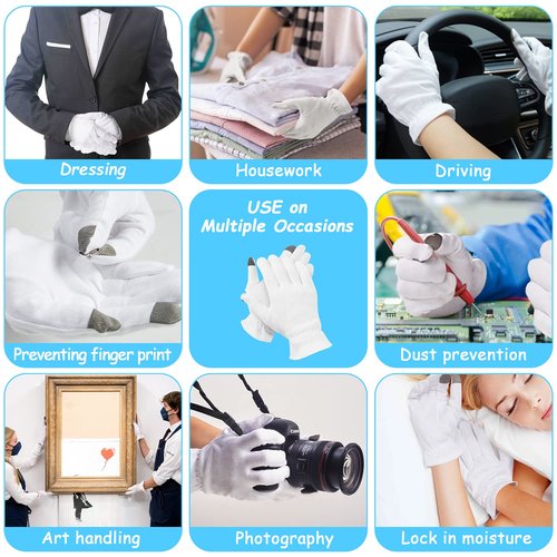 100% Cotton Moisturizing Gloves 4 Pairs, Touch Screen Friendly Cotton Gloves with Wristband and Washing Bag for Overnight Bedtime Eczema Dry Sensitive Irritated Skin Spa Therapy, Medium