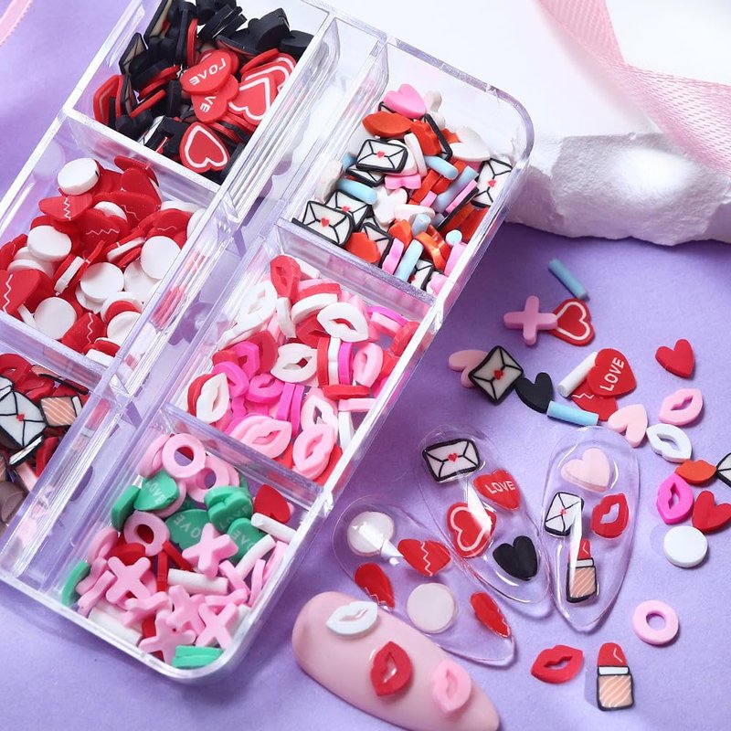 Valentine's Day Nail Art Slices Glitter Sequins 3D Heart Lips Envelope Shape Colorful Cute Nail Decals Paillettes for Girls Women DIY Nail Art Decoration