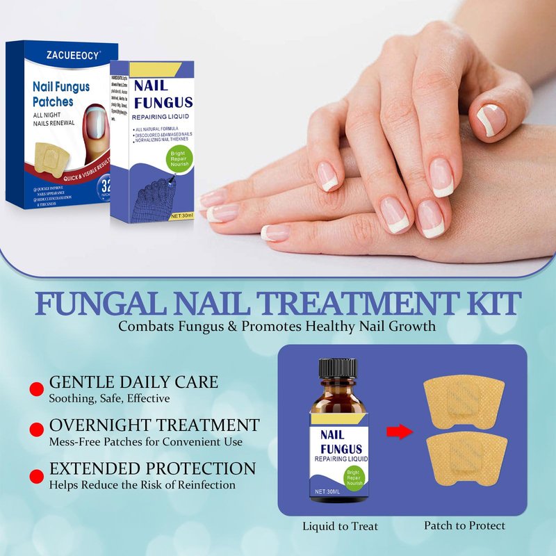 ZACUEEOCY Toenail Fungus Treatment Extra Strength Kit, 30ml Nail Repair Solution and 32 Nail Renewal Patches for Damaged Thick Discolored Toenails and Fingernail