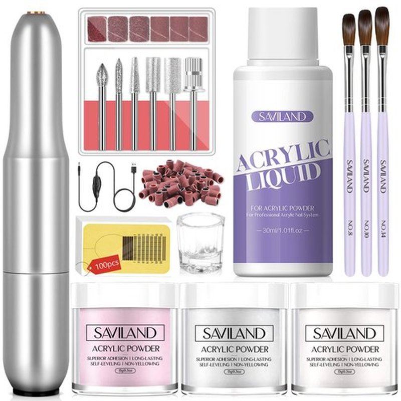 Saviland Acrylic Nail Kit - Drill Included, Clear White Pink Colors, Professional Set with Brushes for DIY Nail Extension