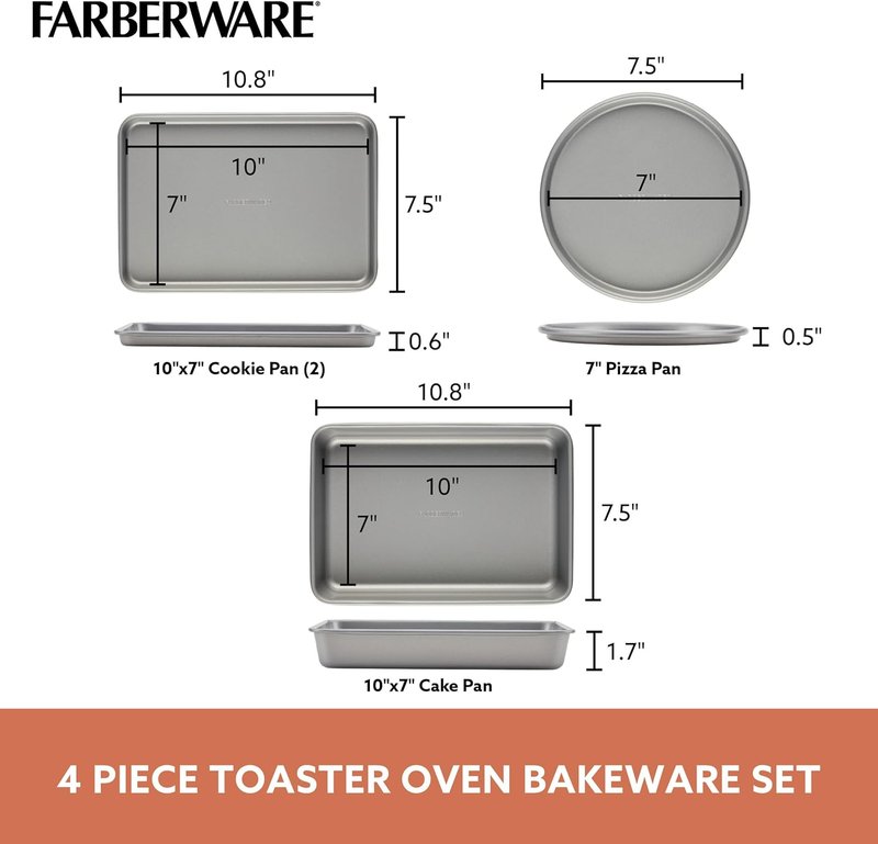 Farberware Nonstick Toaster Oven Pan Set - 4-Piece Baking Set in Gray for Effortless Cooking
