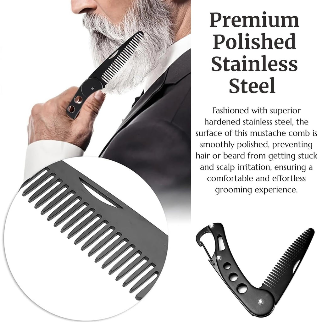 KINTEGOOD Stainless Steel Folding Beard Comb, Portable Mustache Comb, Beard Grooming Kit - Black