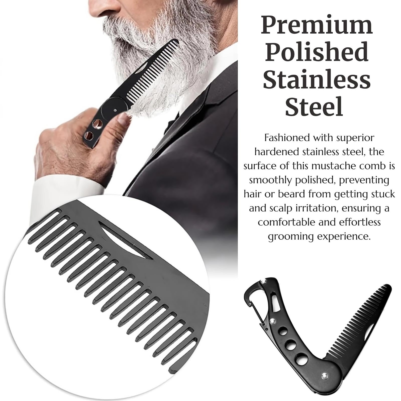 KINTEGOOD Stainless Steel Folding Beard Comb, Portable Mustache Comb, Beard Grooming Kit - Black