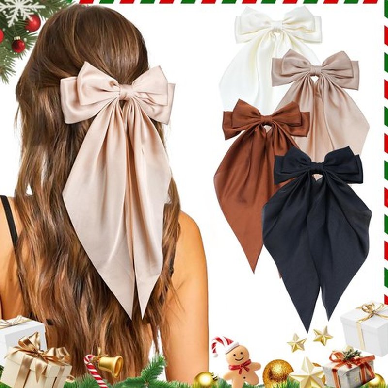 4 Pcs Hair Bows for Women Big Ribbon Bows for Hair Long Tail Bow Hair Clips Cute Hair Barrettes Hair Accessories for Girls (Black + Beige + Khaki + Curry)