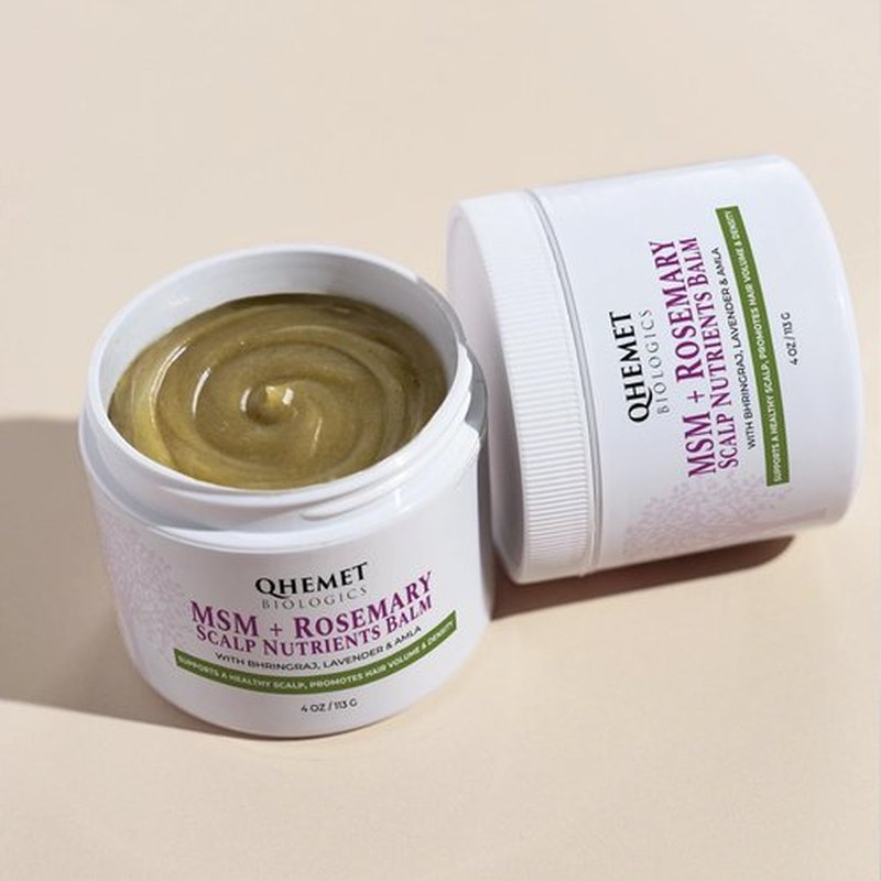 Qhemet Biologics MSM + Rosemary Scalp Nutrients Balm | Scalp Food for Hair Growth | MSM, Rosemary, Bhringraj, Castor Oil & Coconut Oil | For Dry Scalp, Thinning & Slow Growth | Vegan (4 oz)