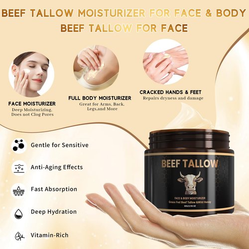 AQSLTJK Beef Tallow for Skin – Whipped Tallow & Wild Honey Balm Face & Body Moisturizer, Grass-Fed, Vitamin-Rich Deep Hydration Balm, 2.16 oz (2.12 Ounce, Unscented)