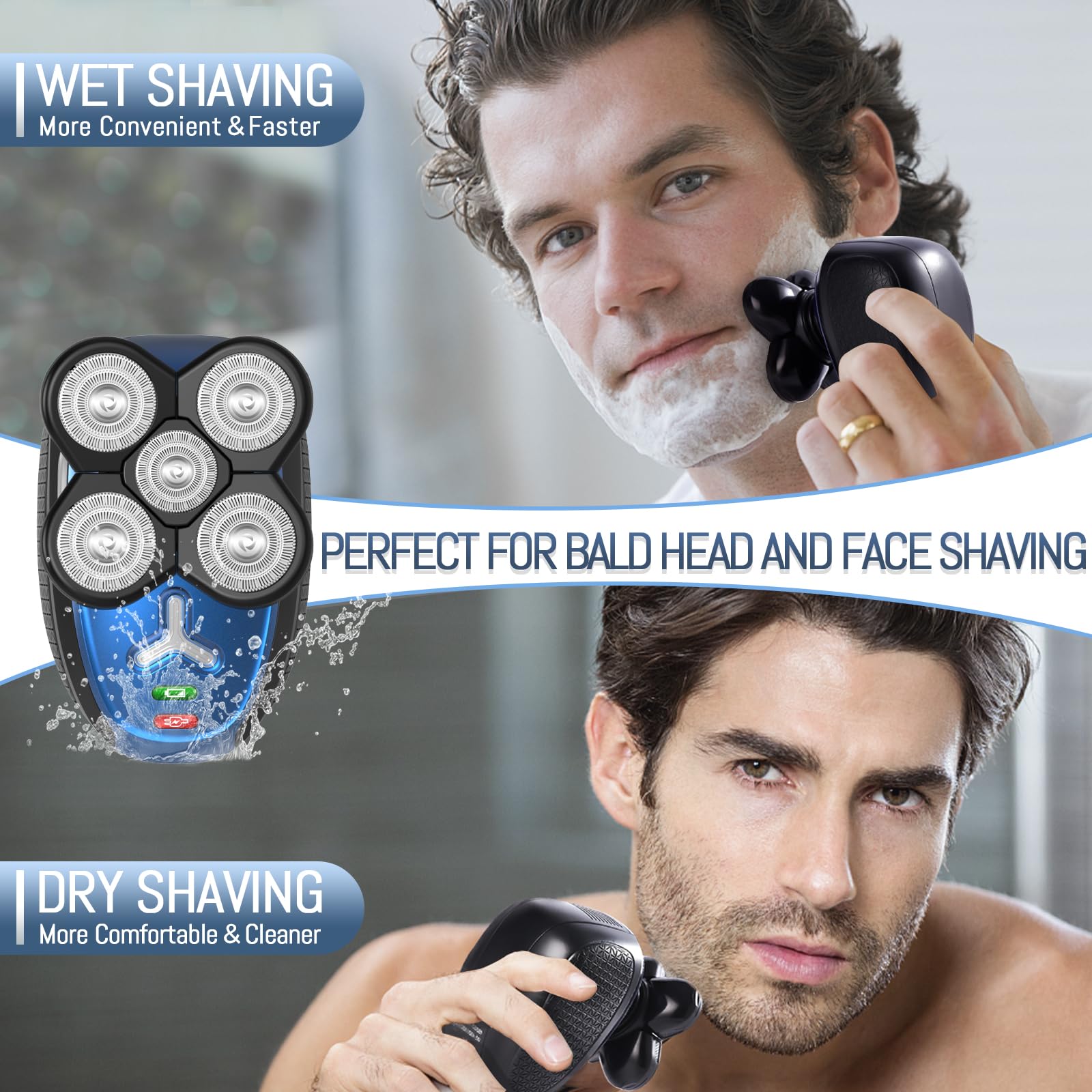 Head Shavers for Bald Men, Cordless Head Shaver, Bald Head Shavers for Men Close Shave Rechargeable Men Shaver Electric Shaver for Men Face IPX6 Waterproof Shaving Machine for Home Travel Use(Blue)