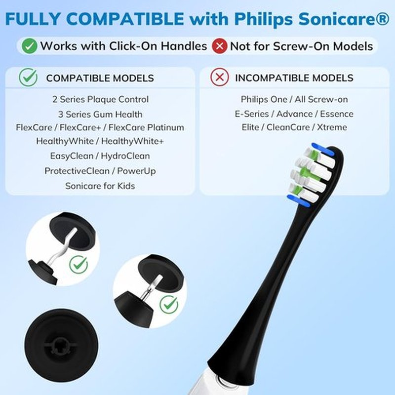 Philips Sonicare Replacement Toothbrush Heads - 8 Pack Soft Bristles for Click-On Electric Toothbrushes | Black