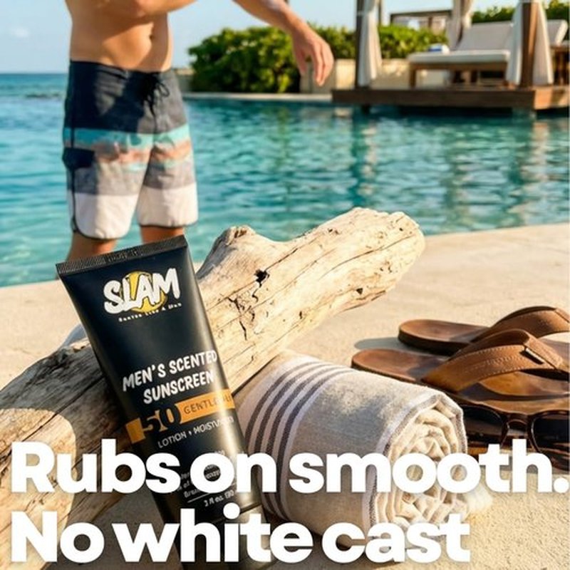 SLAM Men's Sunscreen Lotion SPF 50 & Moisturizer – Face & Body Sunblock, Anti-Aging, Water-Resistant, Hawaii Act 104 Safe, Skincare for Men, Unscented – 3 fl oz.each. Double pack.