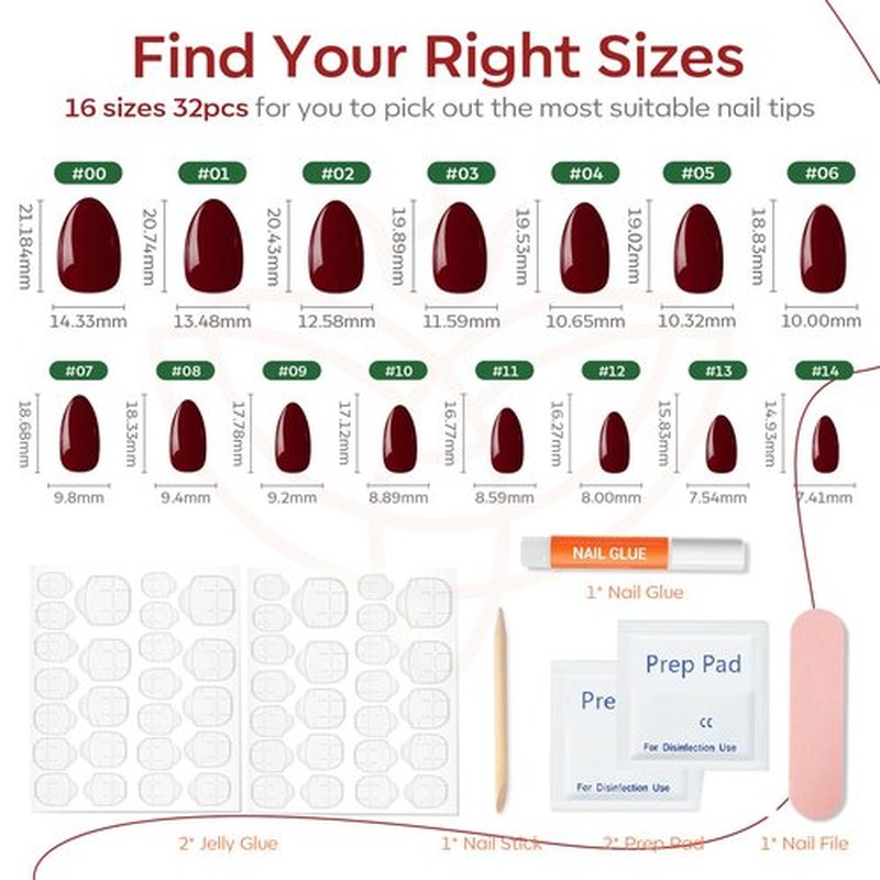 Modelones Dark Red Press on Nails Almond, Valentines Short Almond Fake Nails, Reusable Nail Kit with Nail Glue Adhesive Tabs Mini Nail File, Nails Press Ons 32Pcs16 Sizes, Women Girl Gift