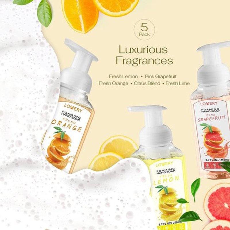 Foaming Hand Soap Pump - 5-PK - Moisturizing Hand Soap Foam with Aloe Vera & Essential Oils - Alcohol-Free Hand Wash in Citrus Blend, Lemon, Orange, Lime, Grapefruit Fragrances for Kitchen & Bathroom