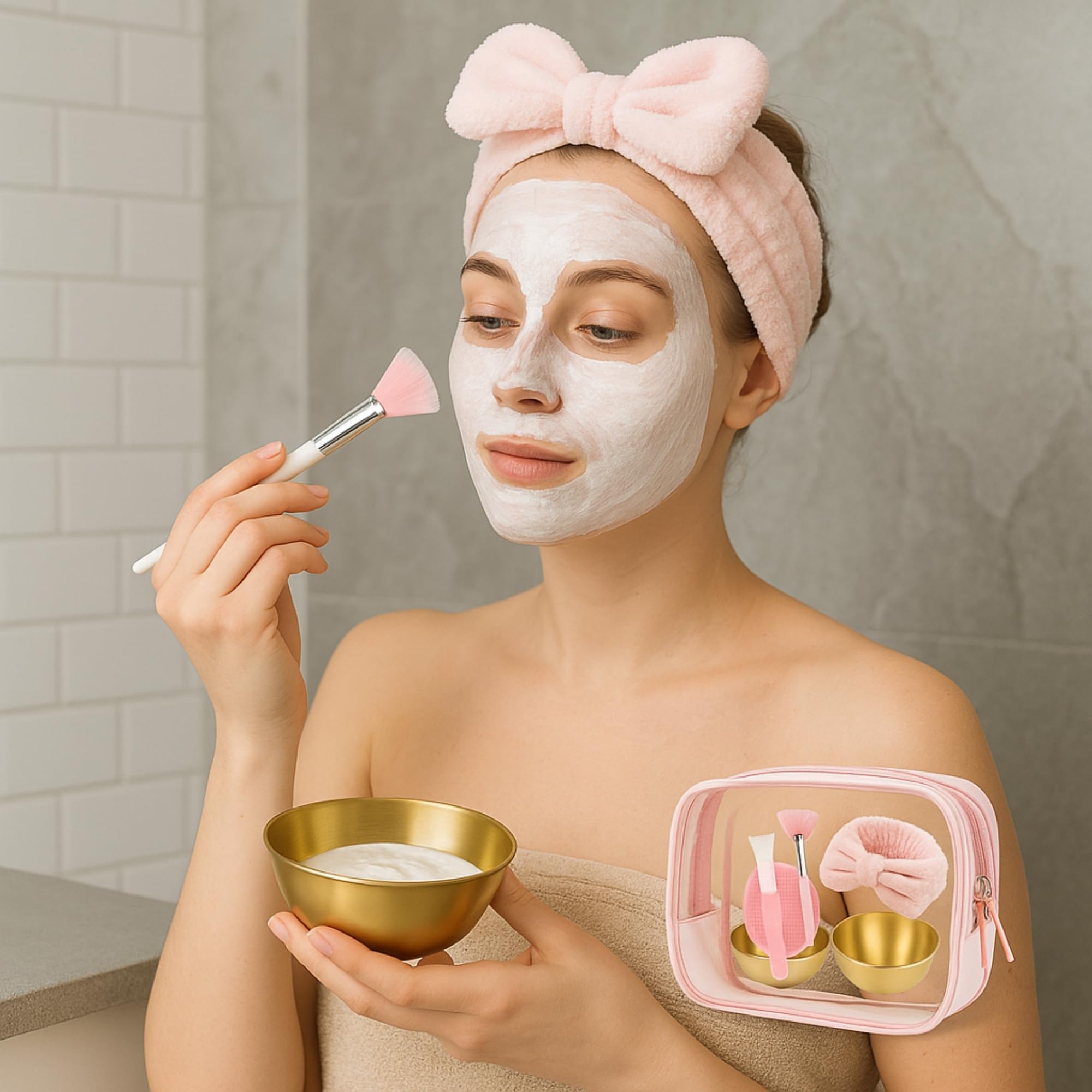 7 Pcs Esthetician Supplies Set for Facials - 2 Gold Facial Bowls, 1 Facial Fan Brushes, 1 Flat Brush, 1 Pink Facial Headbands, 1 Silicone Facial Cleansing Brush, Clear Cosmetic Bag