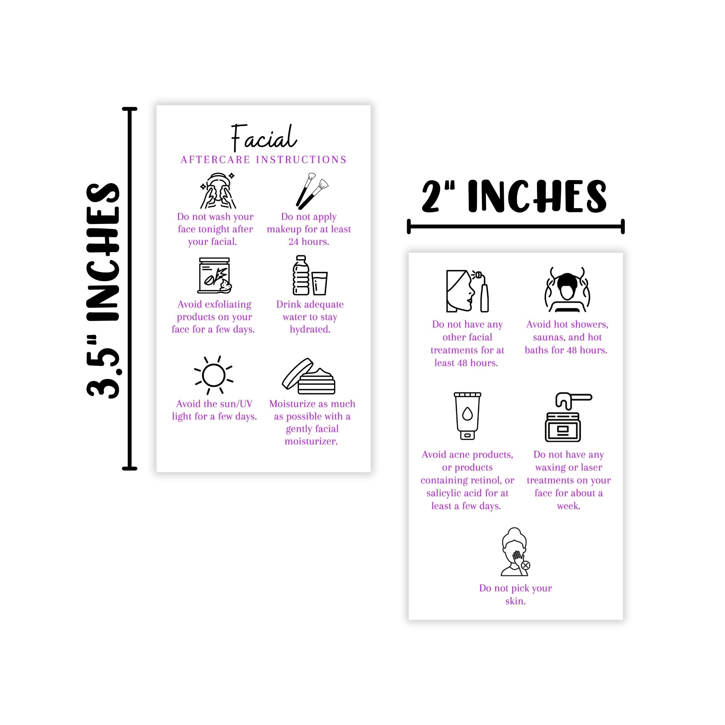 Boutique Marketing LLC Facial Aftercare Cards | 50 Pack | Size 2 x 3.5” inches Business Card Size | Esthetician | Aftercare Instructions White with Purple Text Design, black, white, purple