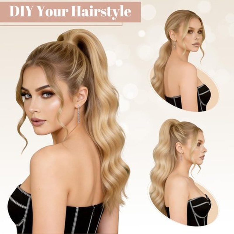 FELENDY 16" Ponytail Extension Long Curly Wavy Ponytails Clip in Claw Hair Extension Pony Tails Natural Looking Synthetic Hairpiece for Women Light Brown mix Ash Blonde