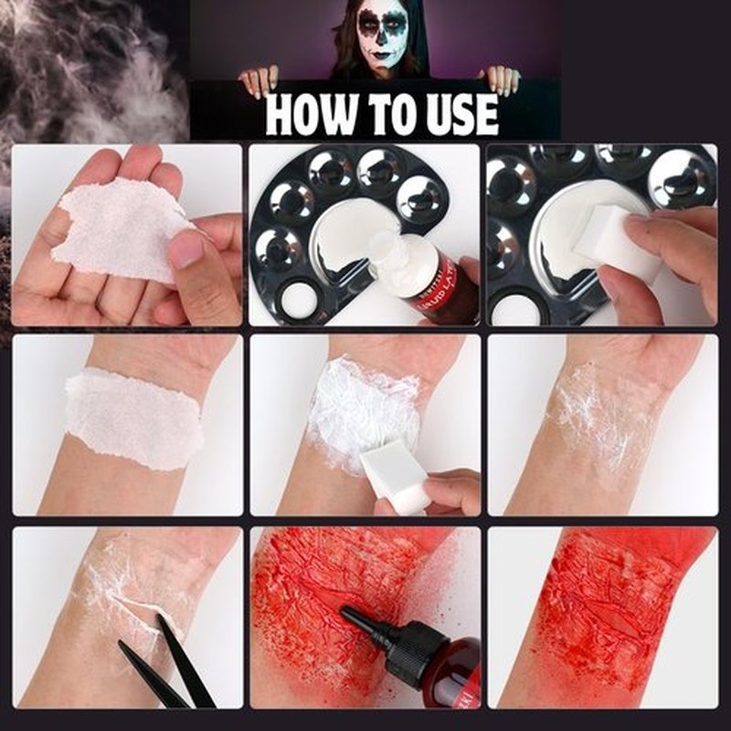 Bowitzki Fake Blood & Liquid Latex Kit,Pro SFX Makeup Set with 50ml Dark Fake Blood, 50ml Fresh Spray Blood, 2pcs Liquid Latex,Coagulated Blood, Sponge & Spatula for Halloween, Cosplay