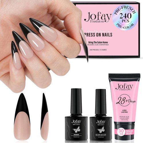 French Gel Nail Tips Kit, Jofay Fashion 240Pcs Stiletto French Tip Press on Nails Long, Natural Fake Nails Pre-Base Coat & Black French Tips with 30g Solid Nail Glue Gel for x Coat Press on Nails