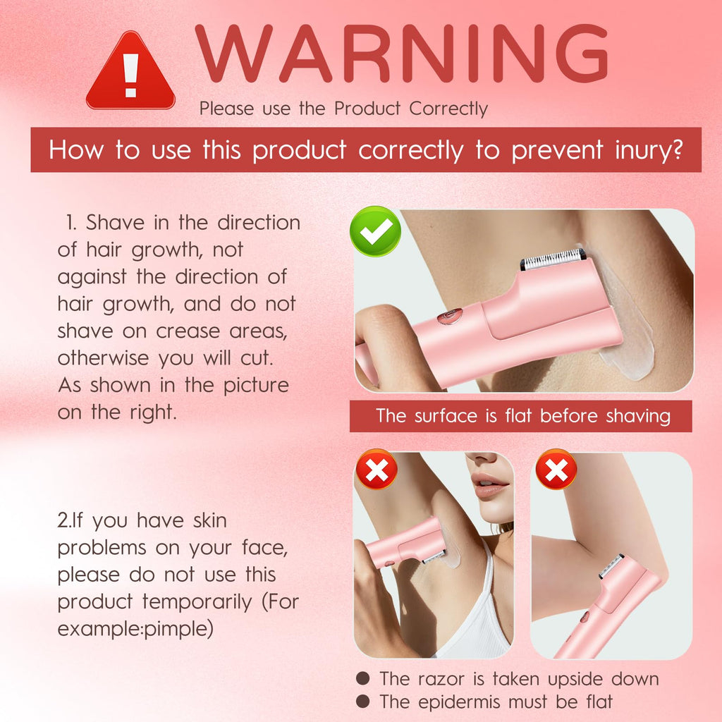 2-in-1 Electric Bikini Trimmer for Women, Dual Head Women’s Shaver & Razor, IPX7 Waterproof Cordless Hair Removal, Rechargeable Ceramic Blade Kit for Face Pubic Legs Underarm, Pink