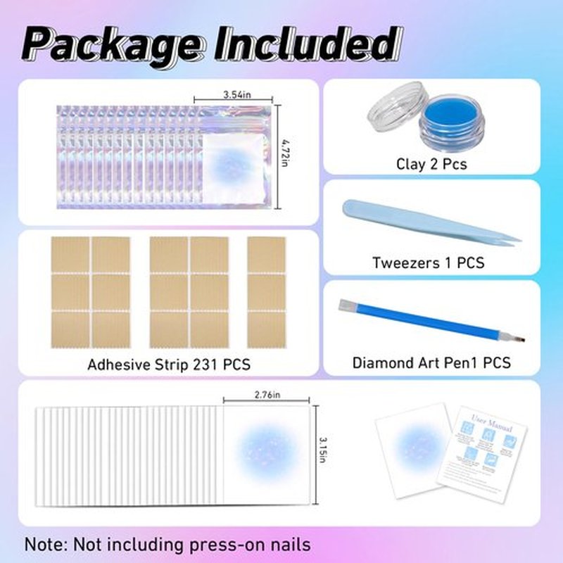 Raisetip 100PCS Press on Nail Packaging Bag, 100PCS Display Card with 7 Sheets Pre-cut Adhesive Tape & Diamond Art Pens & Glue Clay & Tweezers, 6-in-1 Set for Nail Display Profession Salon