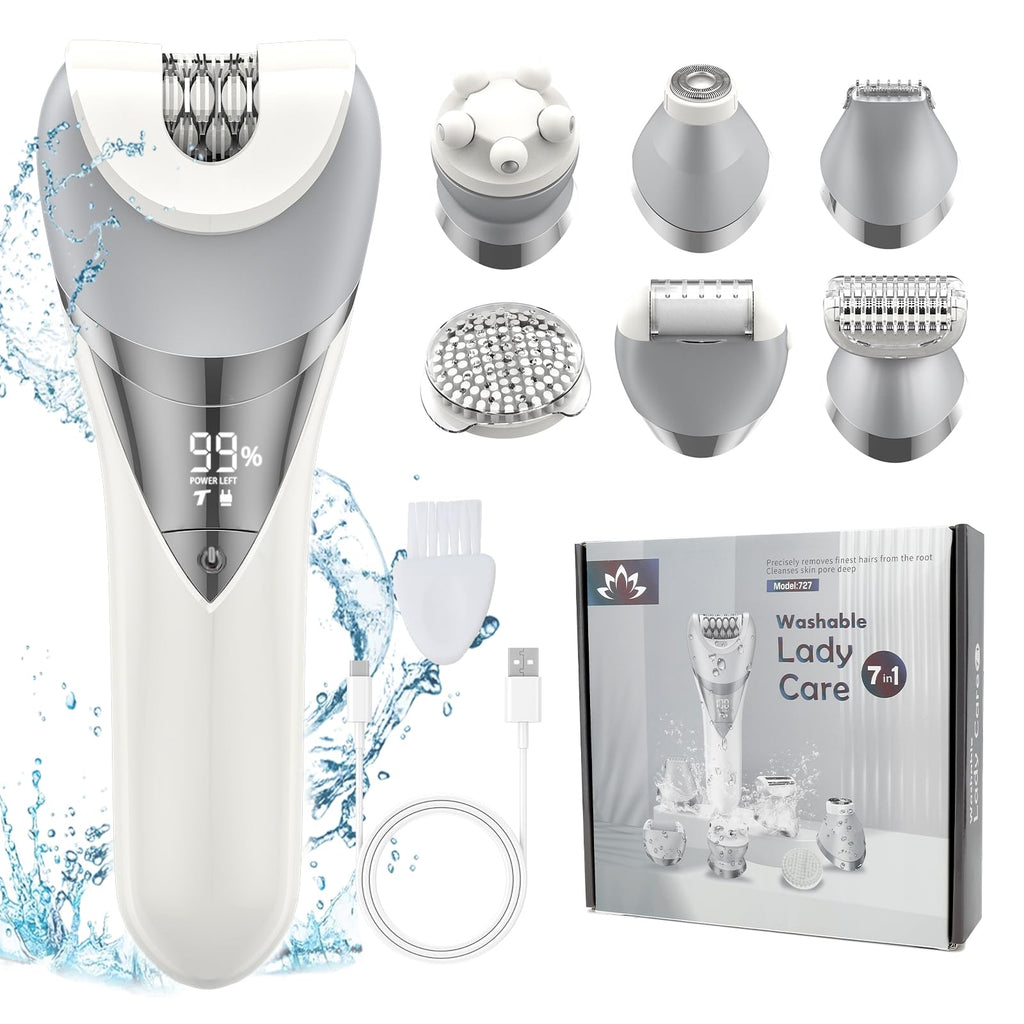 Qreeyx Epilator for Women, 7 in 1 Epilator Hair Removal for Women, Shaver, Bikini, Face Razor, Facial Brush, Face Massage and Body Exfoliator, IPX6 Waterproof Painless Lady Shaver Wet & Dry (White)