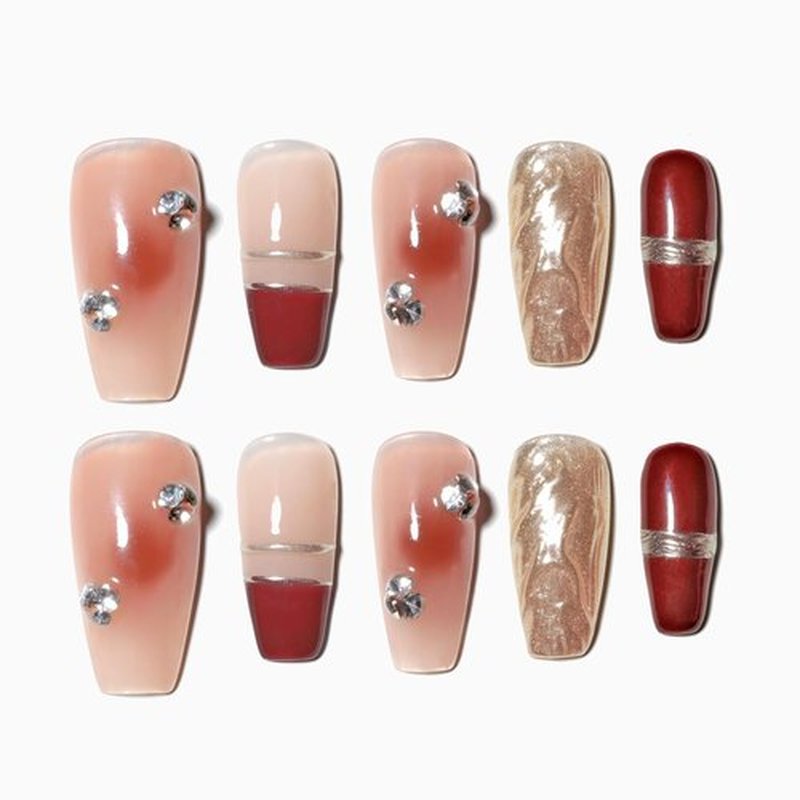 Sun&Beam Nails Handmade Press-on Medium Long Coffin Ballerina Red Nude Gold Gradation Design False Nail Tips 10 Pcs (#043 L)