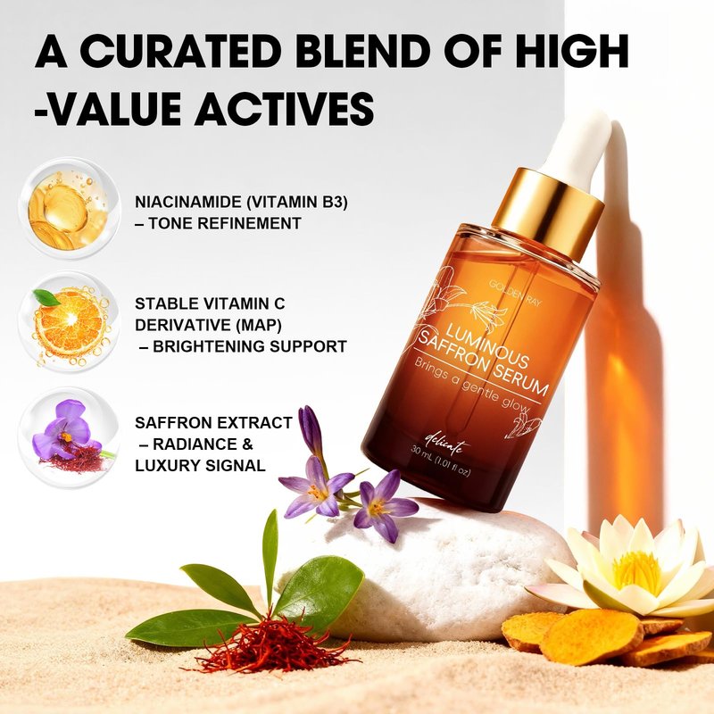 Saffron Serum for Face, Brightening & Discoloration Correcting Serum, Dark Spot Appearance Care, Radiance Booster for Dull Skin, Lightweight Facial Serum, Even-Looking Skin Tone, 1 fl oz