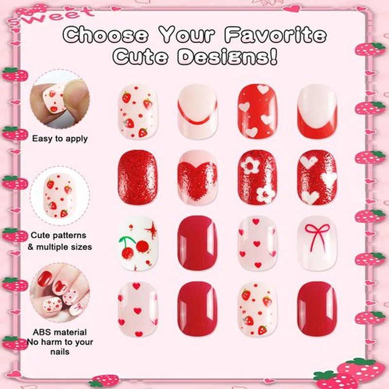SIUSIO 3Pack Children Acrylic Fake Nails, 72pcs Press on Full Cover Glitter Short Red Heart False Nail Art Kits Set with Sticker Tabs Nail Glue for Kids Little Girls Christmas Gifts - Blossom Sweetie