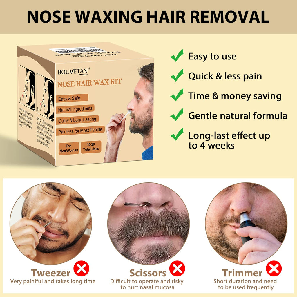 Nose Wax Kit Men Women, Bouvetan Nose Hair Waxing Kit with 100g Nose Hair Wax Beads (15-20 USES), 20 Applicator, 15 Mustache Protector, 10 Paper Cups, 1 Measuring Cup - Easy and Quick, Instant