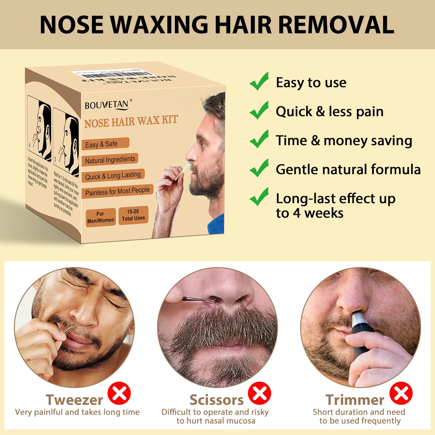 Nose Wax Kit Men Women, Bouvetan Nose Hair Waxing Kit with 100g Nose Hair Wax Beads (15-20 USES), 20 Applicator, 15 Mustache Protector, 10 Paper Cups, 1 Measuring Cup - Easy and Quick, Instant