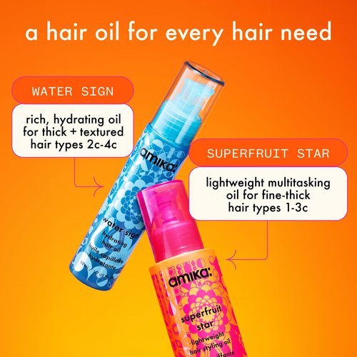 amika superfruit star lightweight hair styling + heat defense oil, 1.7oz | heat protection, strengthen + reduce breakage, smooth frizz, add glossy shine