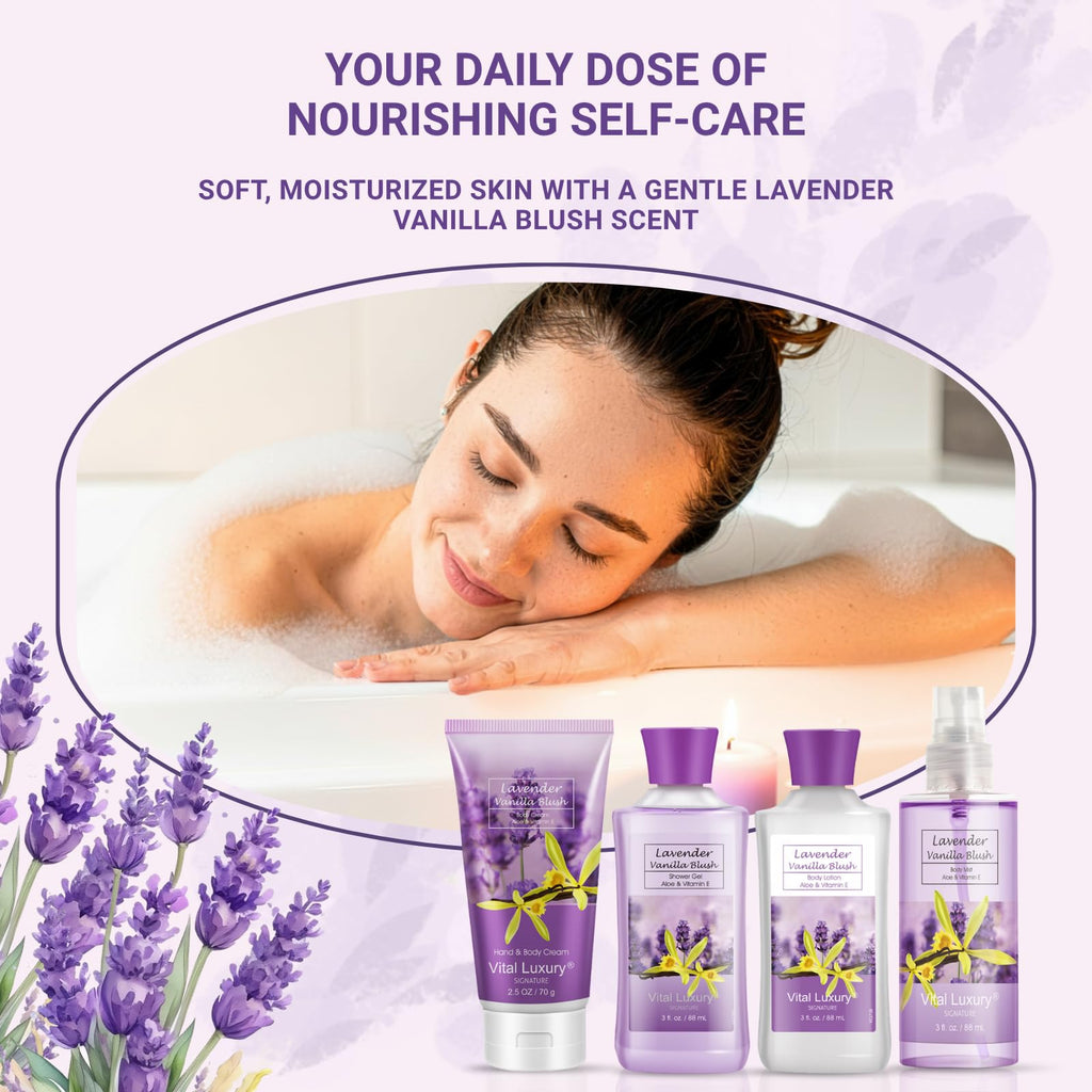 Bath and Body Spa Gift Set for Women, 4PC Lavender Vanilla Blush Self Care Travel Kit - Shower Gel, Lotion, Hand and Body Cream, & Body Mist, 3 Fl Oz Each, Pamper Gift for Mom Wife Girlfriend Sister
