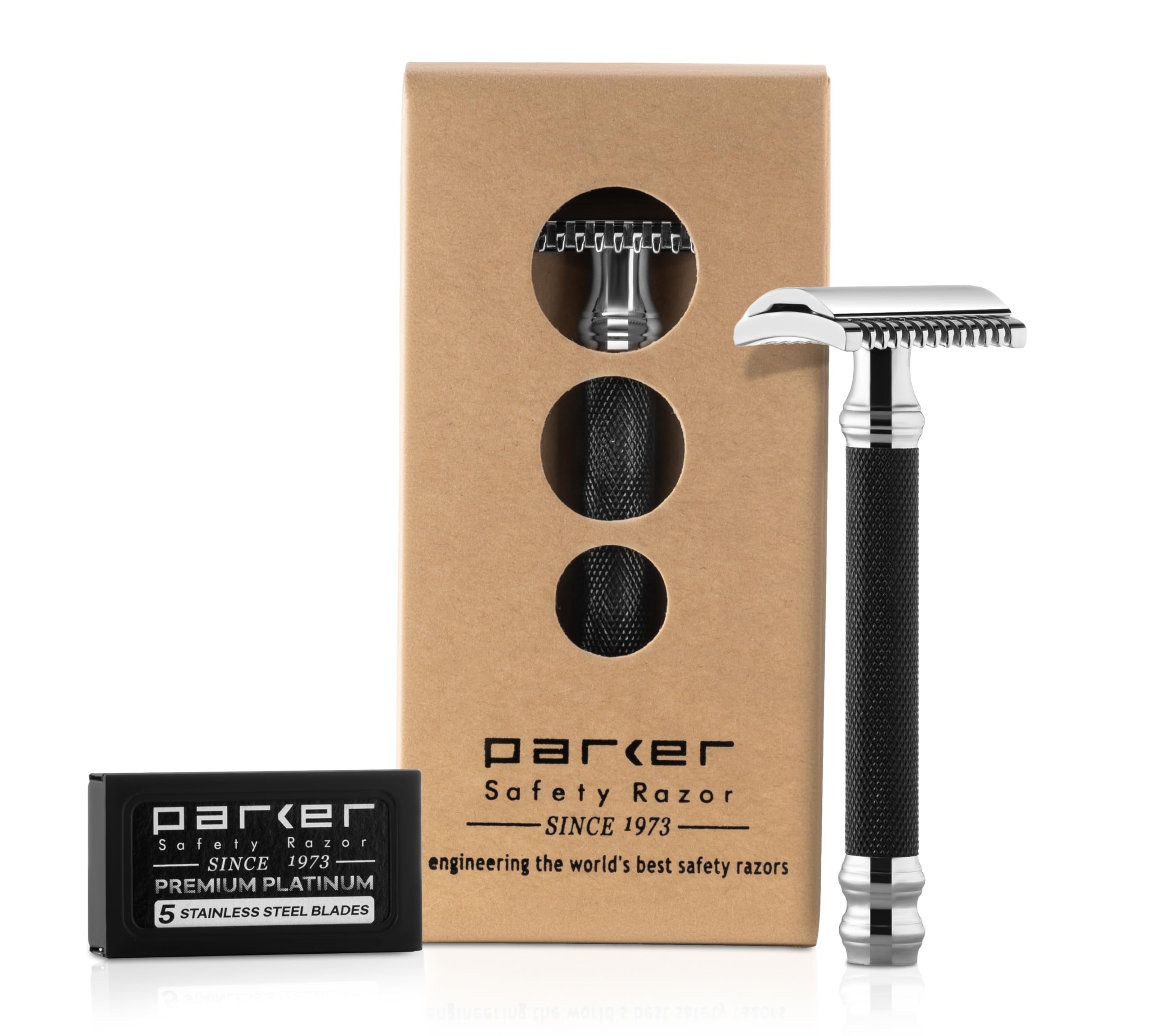Parker Open Comb Double Edge Safety Razor – Heavyweight Chrome Handle for Closer Shaves – Includes 5 Razor Blades – Ideal for Men with Thick or Coarse Beards (26C - Graphite Gray)