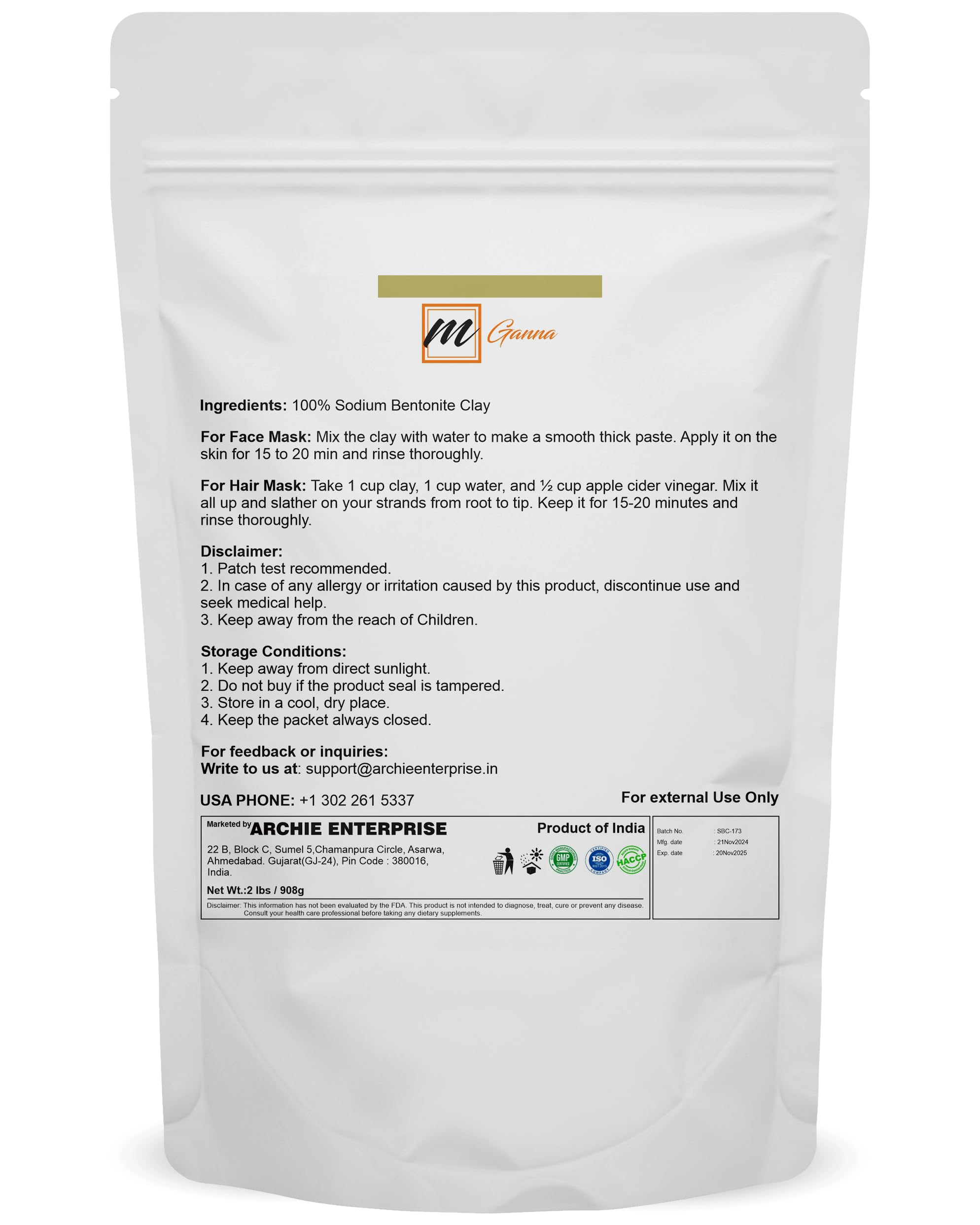 mGanna 100% Natural Sodium Bentonite Clay Powder for Facial Masks, Creams, Body Wraps, Soft Peels and Scrubs and Soap Making 2 LBS / 908 GMS