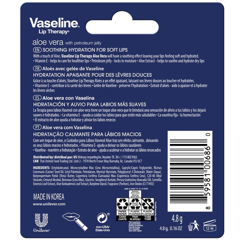 Vaseline Lip Therapy Aloe Fresh 8-Pack – Moisturizing Lip Balm for Very Dry Lips, 0.16 Oz Ea